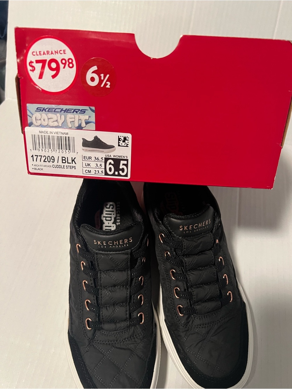 Skechers Black Quilted Slip-On Sneakers with Rose Gold Eyelets - Picture 2 of 3